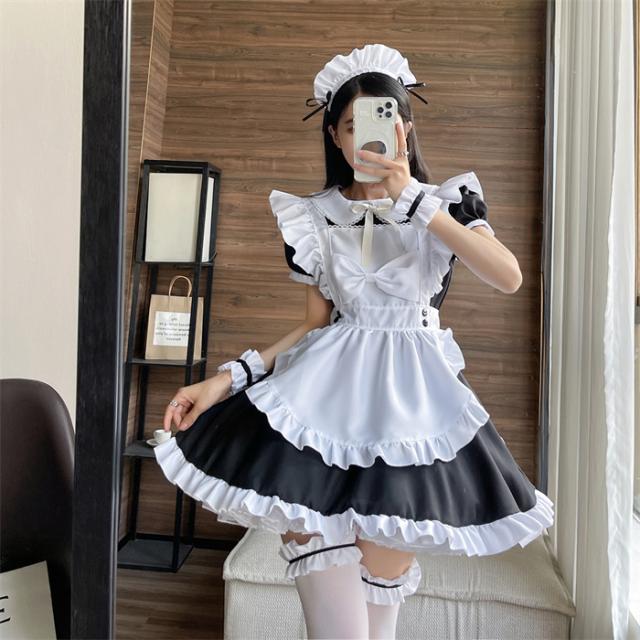 メイド服 ロリィタ ロリータ ワンピース コスチューム 飾り付き エプロン 髪飾り 腕飾り 股飾り リボン 文化祭 学園祭 メイドカフェ Lolita コスプレ衣装 アニメ 可愛い ホワイト ブラック