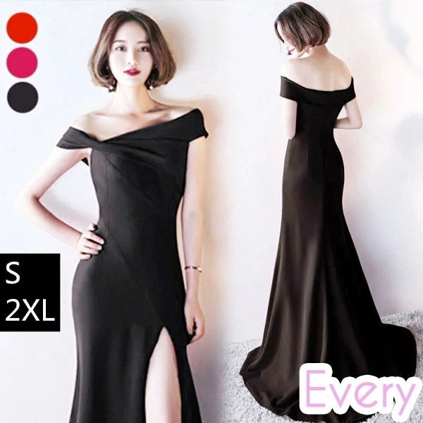 ロングドレス 母親 結婚式 ピアノ 発表会 黒 演奏会 黒 スリット 結婚式 披露宴 マーメイド オフショルダー 肩出し アシンメトリードレス 無地 パーティー ワンピース ドレス 大人 ピアノ 発表