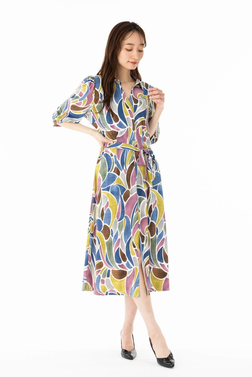 「エジェリワンピース」 EGERIEワンピース T1 T2 T3サイズ 5分袖 ミモレ丈ワンピース 総柄 襟付 ジャージー インポートワンピース ホワイト 大きいサイズ レディース ワンピース