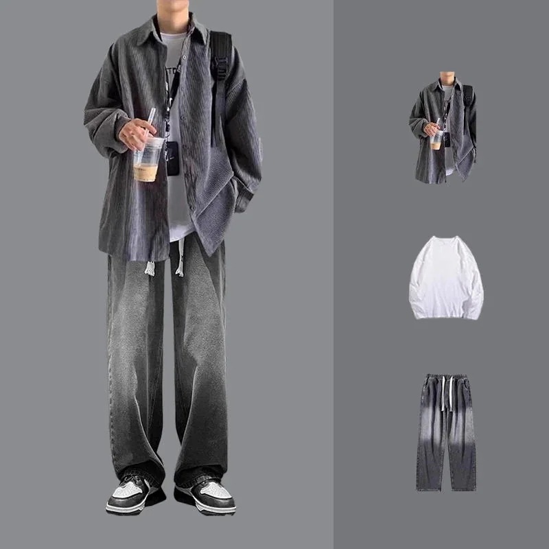 3点セット高級感 トレンド シャツスーツ メンズ カジュアル シャツ+Tシャツ+ジーパン セットアップ