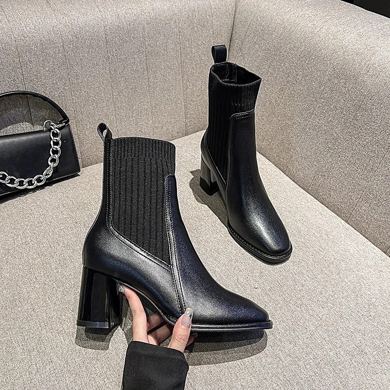 秋冬 新作 弾力ショットブーツ 個性パッチワーク気質ショットブーツ ハイヒールブーツ 太ヒール マーディンブーツ チェルシーブーツ30%制限