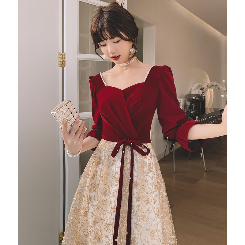 トーストドレス花嫁22ブルゴーニュスクエアネックエンゲージメントイブニングドレスドレス気質長袖イブニ