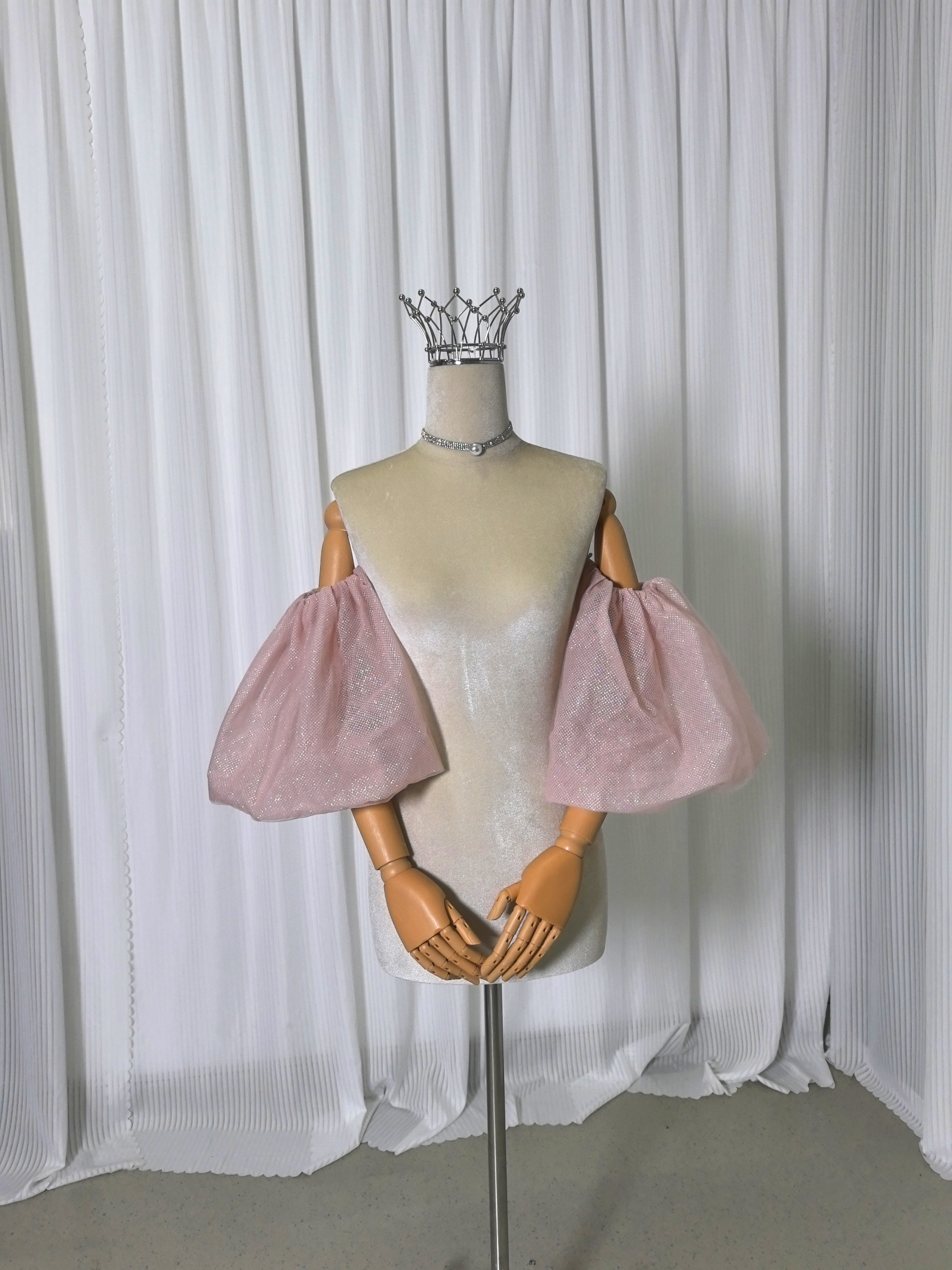 薄ピンク パフスリーブ キラキラグリッターチュール 取り外し袖 ストレッチ 花嫁/ウェディングドレス