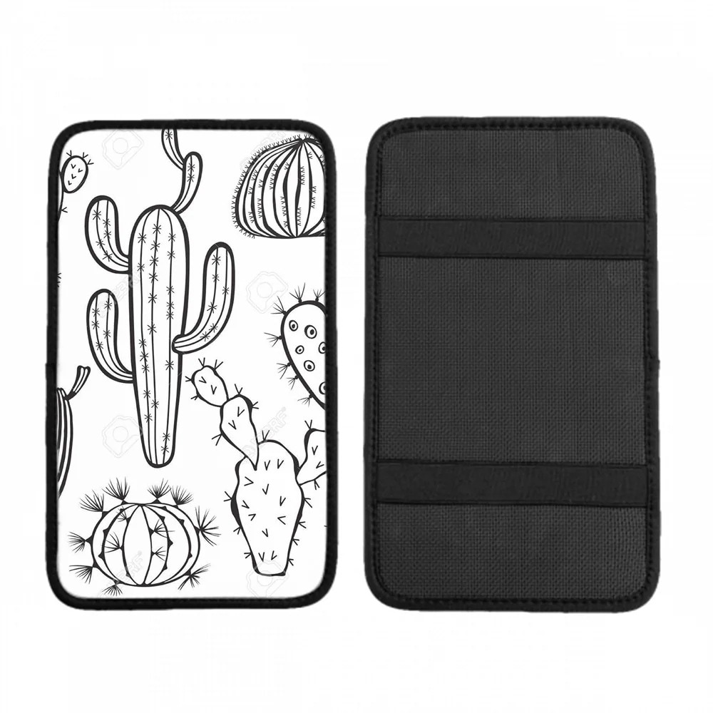 車の手すりボックスクッション 手描き-灰色-サボテン-ウチワサボテン-梨 ほこりや傷から耐久性と通気性