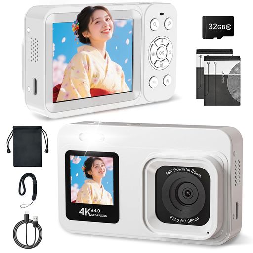 デジカメ 4K 6400 万画素デジタルカメラ 30FPS 【IPS デュアルスクリーン】ユニーディット コンパクトデジカメ 32GB メモリカード同梱 18 倍デジタルズーム ハンドシェイク補正 軽