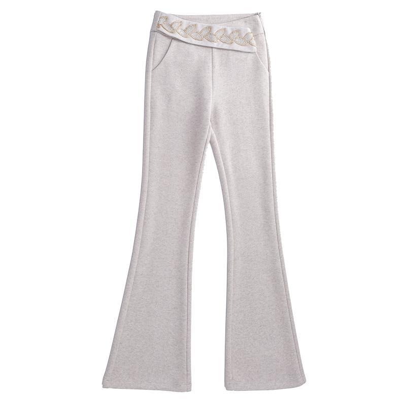 フレア パンツ 丈 長め レディース ハイウエスト べルボトム 厚手 ウール ロング ワイドレッグ ブーツカット きいサイズ スリム シンプル スタイリッシュ エレガント 黒 アプリコット 葉模様