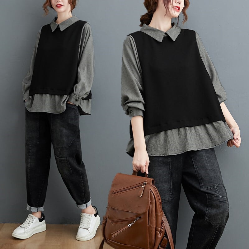 シャツ ブラウス 長袖 ジッパー l シンプル 無地 重ね着風 トップス レディース 襟付き カッコイイ きれいめ スタイリッシュ モテる スタイルアップ 着痩せ レディース 大きいサイズ L