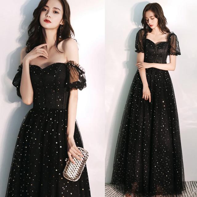 おすすめ品パーティードレス ロング ドレス 黒 可愛い 大きいサイズ 演奏会 結婚式 ドレス 大人 ピアノ 発表会 おしゃれ きれいめ セクシー 袖あり 透け感 オフショル ブラックドレス イブニング