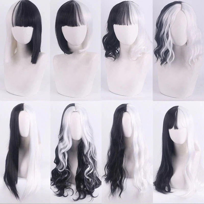 (2点セット)メガ割 Cos ウィッグ クルエラ デ ヴィル クルエラ 101 忠犬 白黒魔女 カラーマッチング 小さめ ショート 巻き毛22133化粧ポーチ-大容量