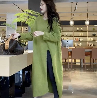 スリット ニット ルーズ ゆる セーター チュニック 膝下 長袖 Uネック ストレート スマート リブ リブニット 伸縮性 厚手 大人可愛い シンプル カジュアル 大人 上品 おしゃれ レトロ