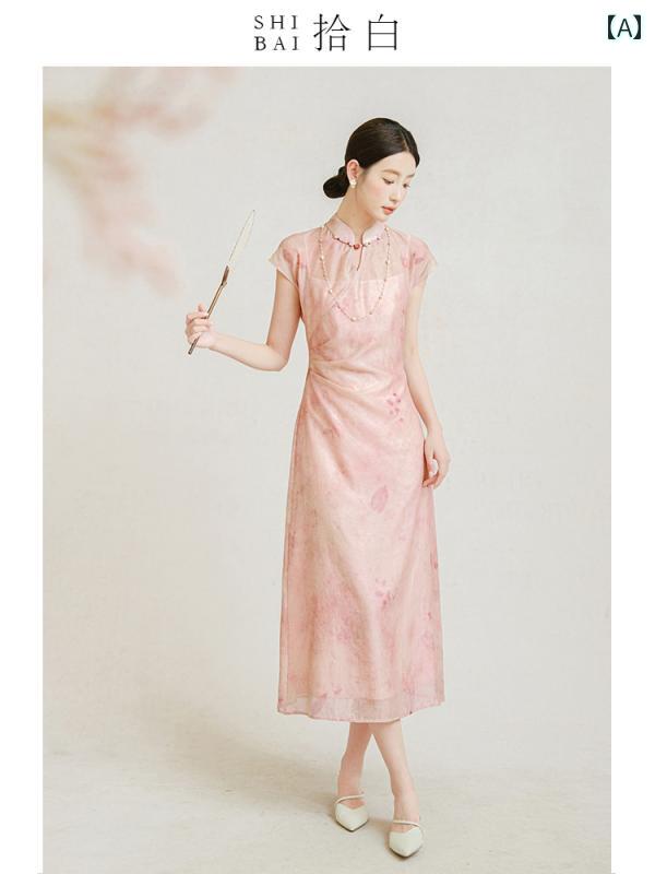 チャイナドレス レディース ワンピース 夏 優しい リネン スタンドカラー ピンク