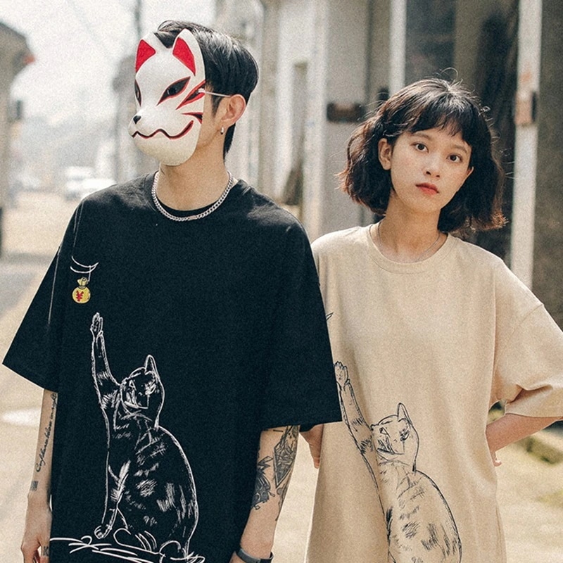 オーバーサイズtシャツ 半袖 招き猫プリント ラウンドネック T シャツ 男女兼用tシャツ カップルtシャツ ストリート系ファッション 個性的