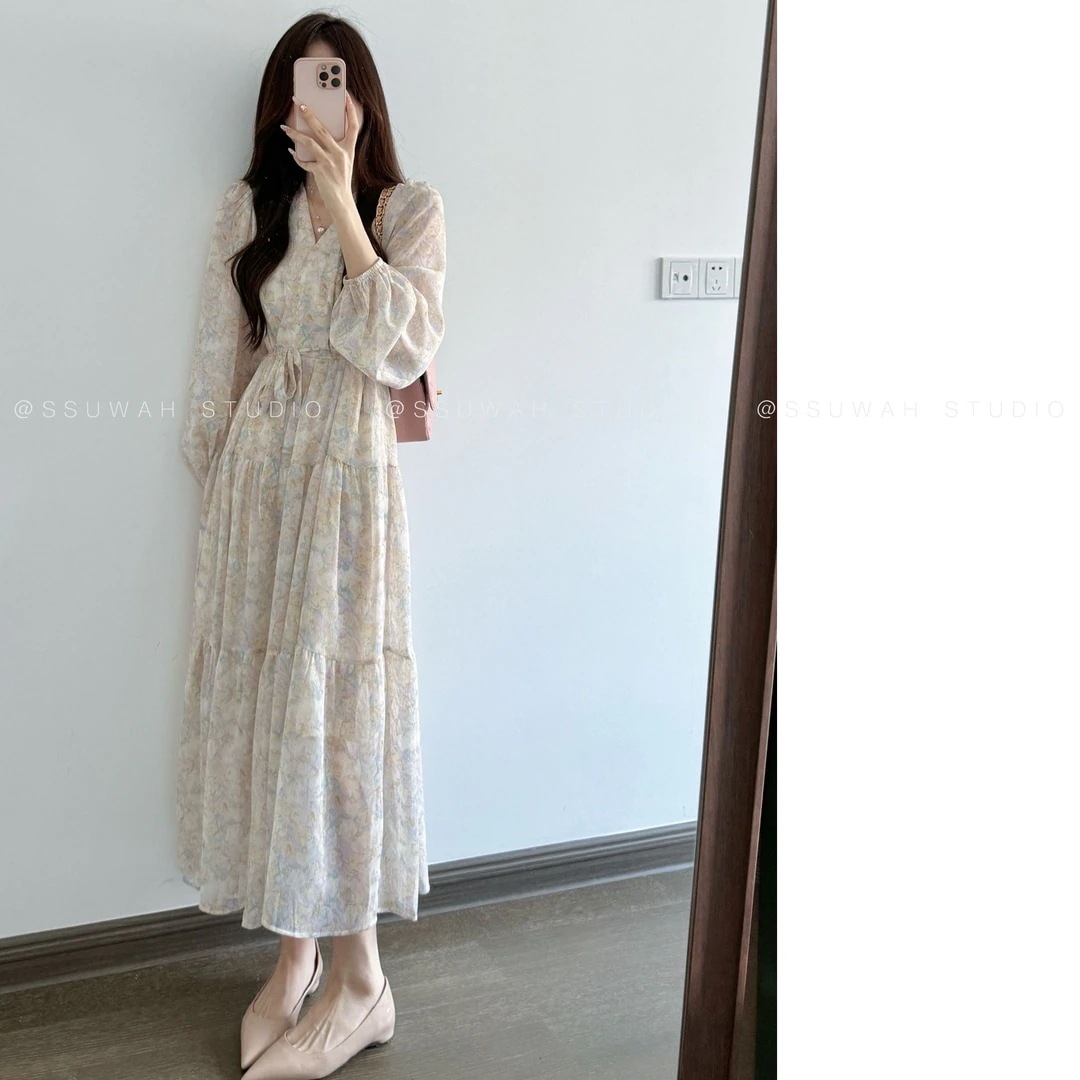 人气作花柄ワンピース韓国ファッションレディースおしゃれかわいいカジュアルおOL長袖ワンピースVネックフレンチスリムミディロングワンピースロングスカート