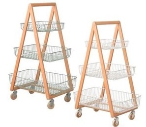 PW-54バスケットワゴン木製スチールキッチンガーデンプランター棚キャスターテーブルサイドラック