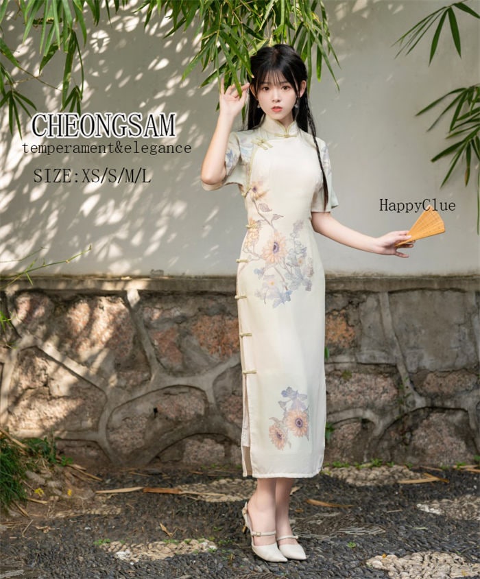 チャイナドレス エレガント 立ち襟 きれいめ 花柄 可愛い ワンピース チャイナ風 スリット 半袖 夏 女子会 パーティードレス ロング丈ワンピース 上品 レディース 30代40代 ママ 母 レトロ