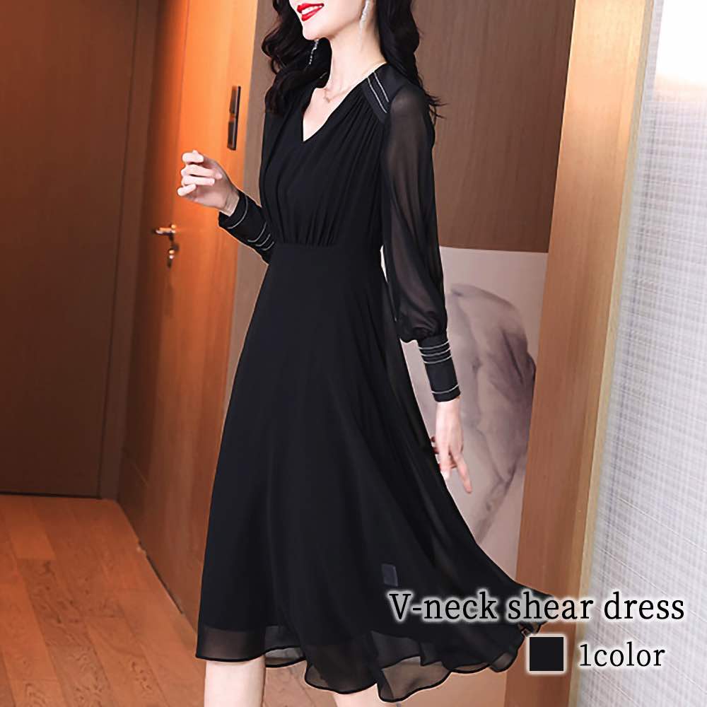 ワンピース レディース Vネックシアーワンピース 前開き おしゃれ スカート かわいい きれいめ ロング 春 黒 白 長袖 体感 冬 厚手 Aライン トップス アウトドア 大人 韓国 40代 秋 しっ