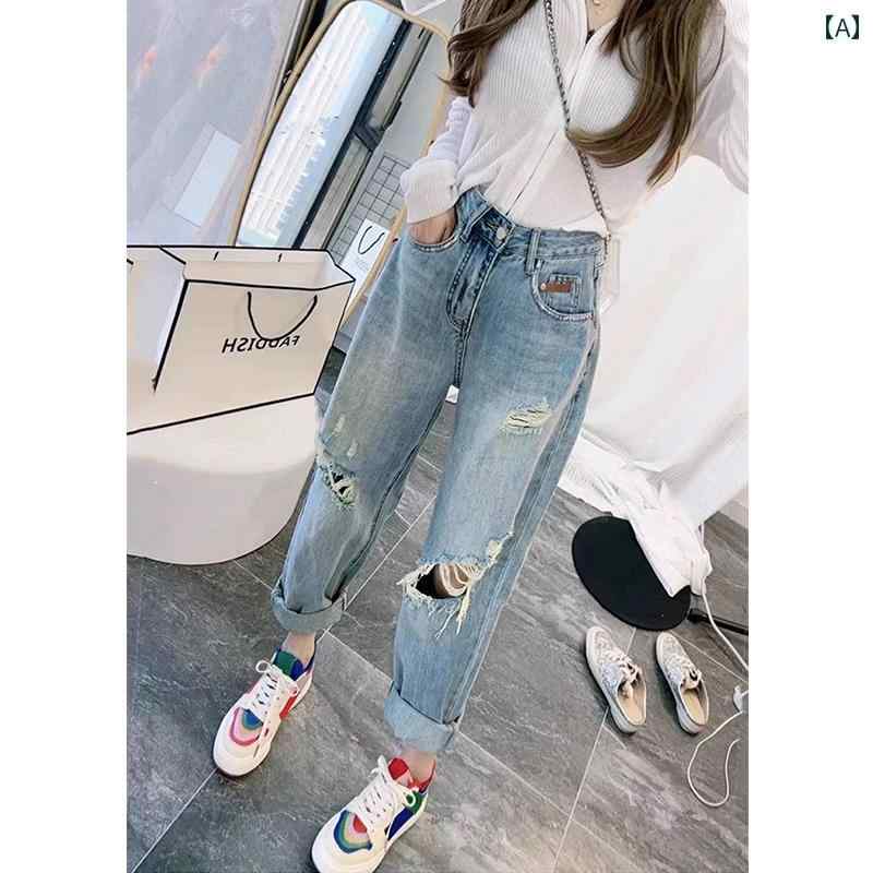 デニムパンツ レディース ダメージ ジーンズ クラッシュ ボトムス 大きめサイズ ストレート 春秋 ハイウエスト ブルー