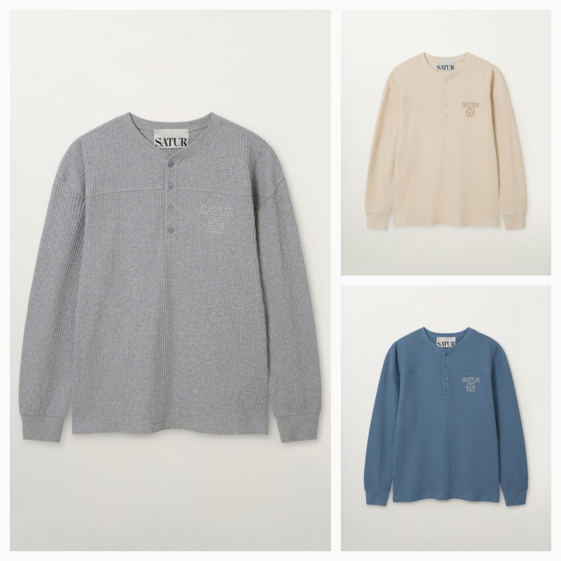 【SATUR】26SS STITCH WAFFLE HENLEY NECK LONG SLEEVE : 3COLORS