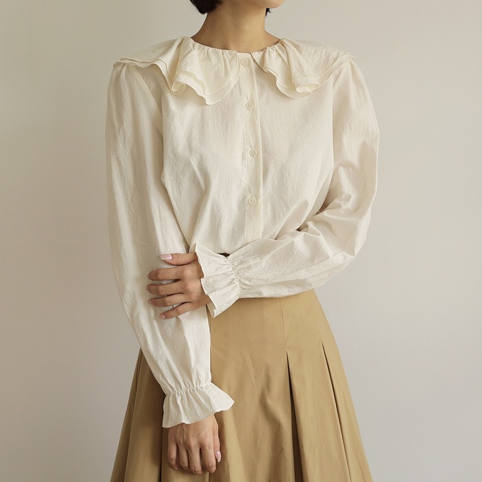[韓国ファッション] ダブルラッフル襟付き キャンディースリーブブラウス（長袖）