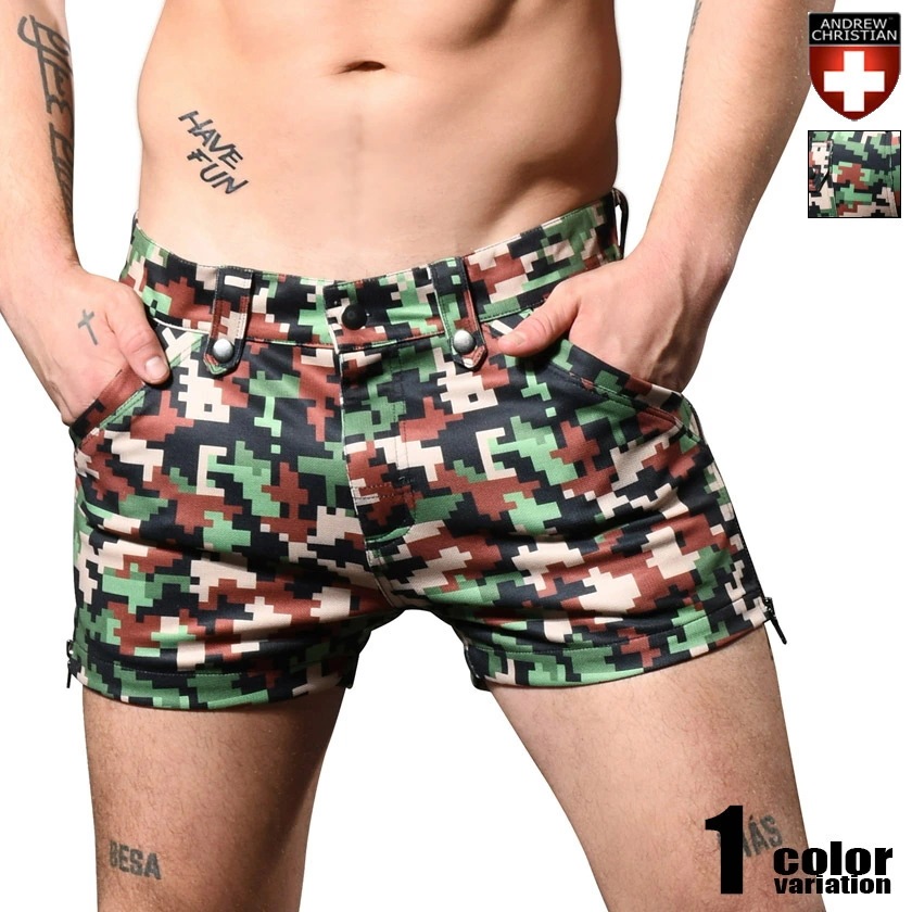 AndrewChristian/アンドリュークリスチャン Army Skinny Stretch Zipper Shorts ジッパー スリット モザイク 迷彩柄 ドット アーミー ピクセル ファスナ