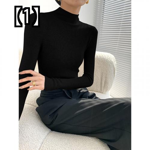 セーター レディース ハイネック 秋冬 タイト フィット ニット 長袖 プルオーバー ショート インナー リブ シンプル おしゃれ 無地 黒 青 グレー