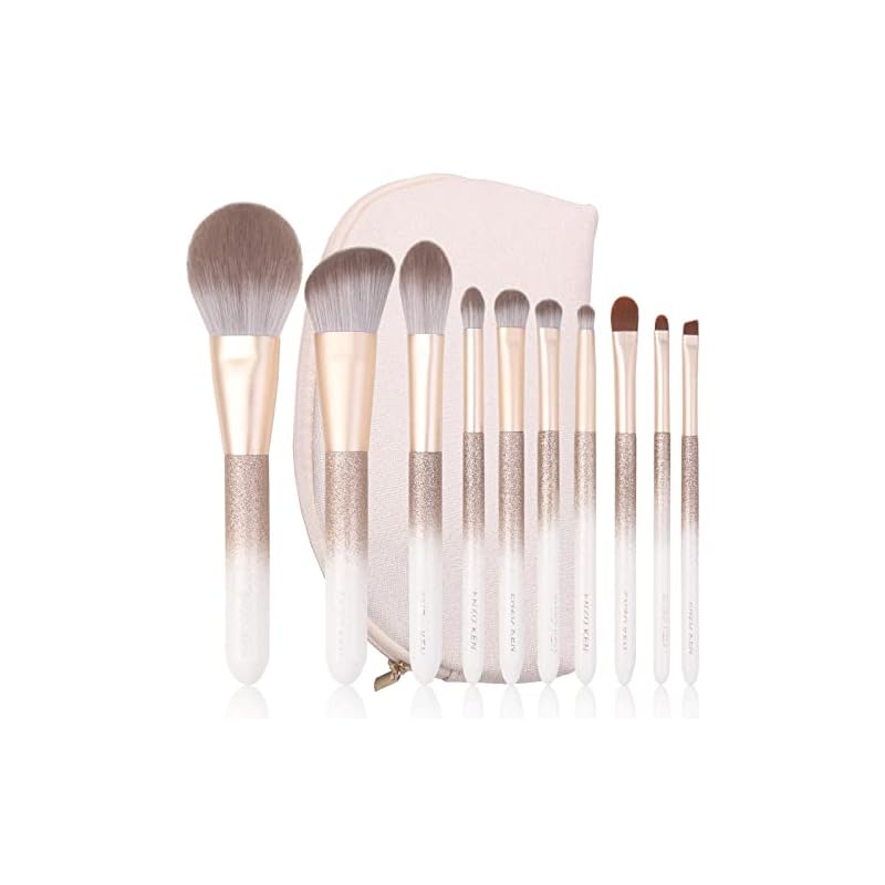 天然フォックス毛メイクブラシセット-高級ENZO KEN華やかな白とゴールドの化粧ブラシセット化粧ポーチ付き超ソフトな毛プロ仕様のブラシセットとても柔らかい本物の毛アイシャドーブラシ顔の輪郭コ