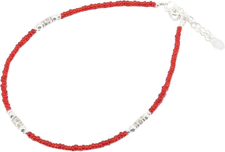 カレンシルバー アンクレット パワーストーン 天然石 ミサンガ 925 メンズ レディース(シルバー(レッドホワイトハート), 24cm+2cm)