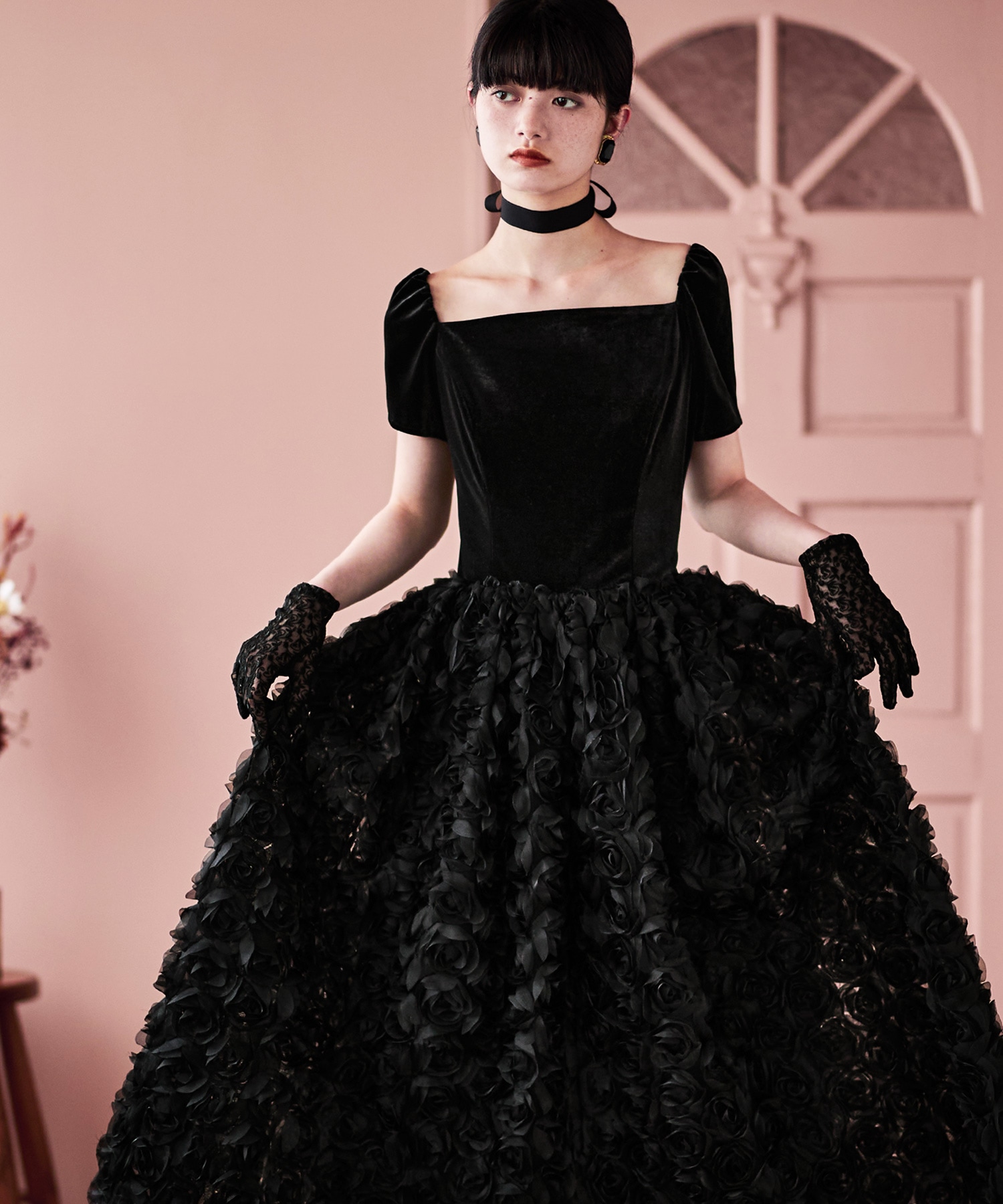 ベロアロゼットフレアドレス ワンピース ワンピ ドレス 半袖 ロング マキシ丈 花柄 薔薇 3Dレース オケワンピ スクエアネック ベロア ベルベット タイト フレア レース 結婚式 二次会