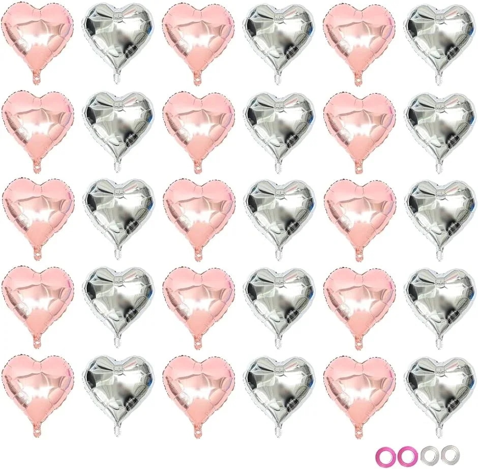 新柄！ハートバルーン大きい風船アルミバルーンリボン付きローズゴールドシルバー(ローズゴールドシルバー60個セット大好評