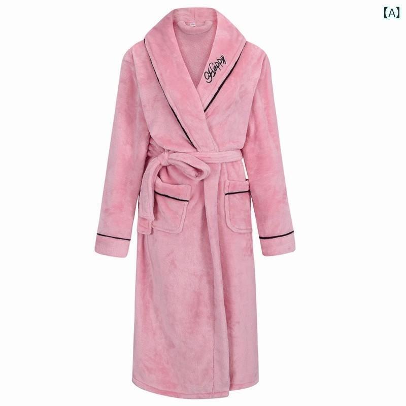 ガウン レディース セクシー 秋冬 厚手 刺繍 長袖 フランネル ロング バスローブ ルームウェア 快適 大人 シンプル ピンク 白 赤