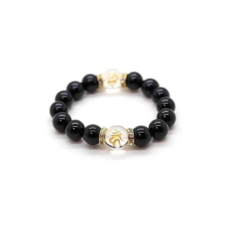 石輝　酉生まれの金彫り守護梵字入り水晶14ｍｍ天然石オニキス12ｍｍ数珠ブレスレット　不動明王カーン