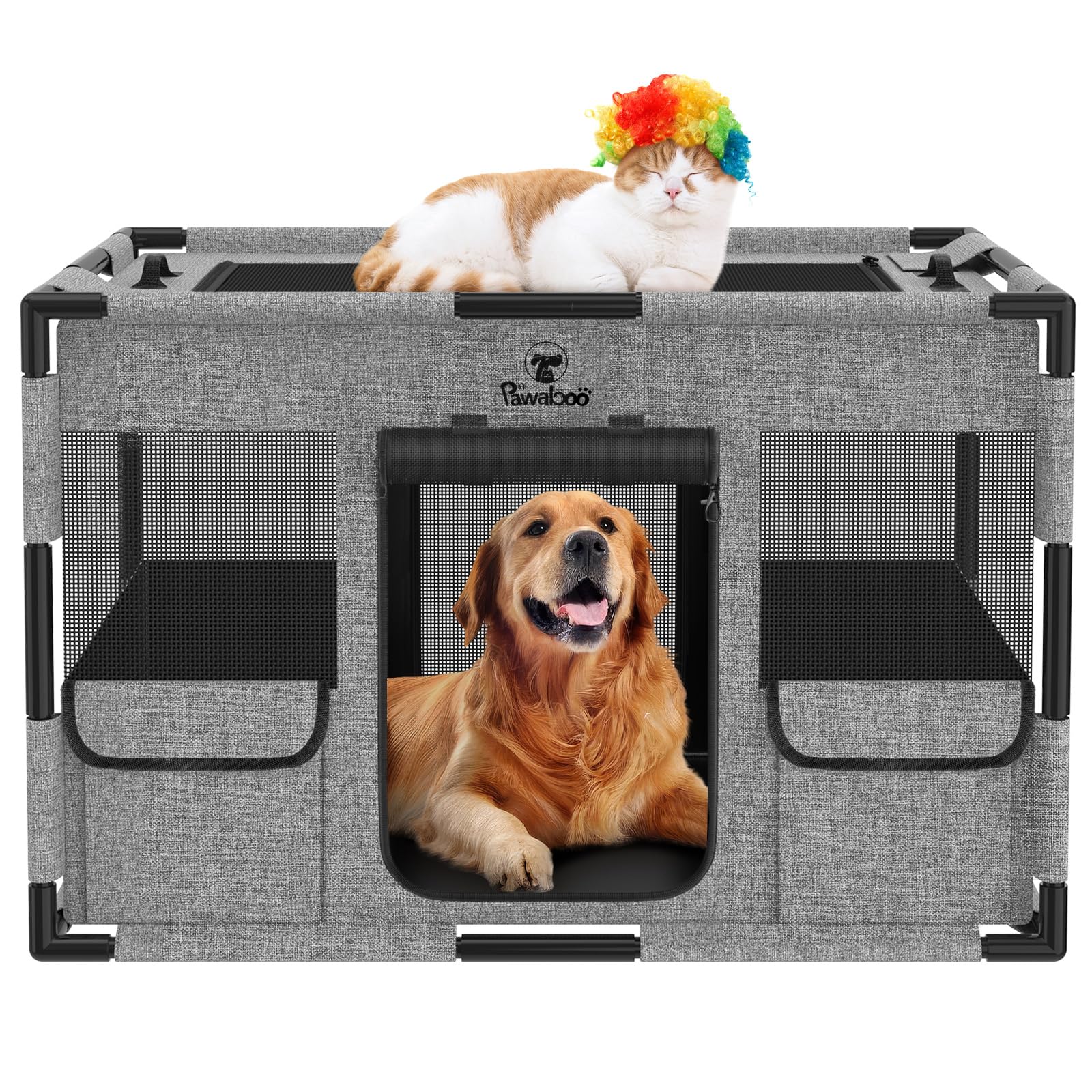 Pawaboo ペットサークル 折りたたみ 犬 ケージ メッシュ 扉付き 小型犬さーくる 屋根付き 室内 組立簡単 長方形 キャットサークル ペットフェンス 犬 屋外サークル ファスナー式 出入り便利