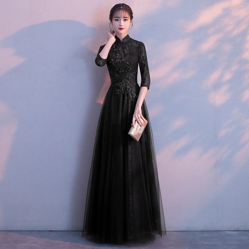 全4色 イブニングドレス ロングドレス チャイナ風ドレス ブラック ネイビー ワイン赤 グレー レース 刺繡 花柄 可愛い オシャレ 結婚式ドレス 二次会ドレス チャイナドレス 立ち襟 ワインレッド