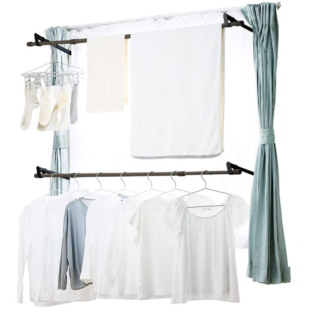 アイリスオーヤマ 窓を開けるだけで外に干さずに乾かせる窓枠洗濯物干し 約3人分 簡単設置 幅約110~190cm 高さ約110~190cm 木目調 ブラック MW-W190N