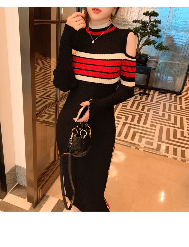 個性派 ワンピース ニットソー セーター ワンピドレス ニットワンピ 膝下 ミモレ ミモレ丈 袖あり 長袖 ハイネック タートルネック オフショルダー オフショル スリム タイト 細身 Iライン