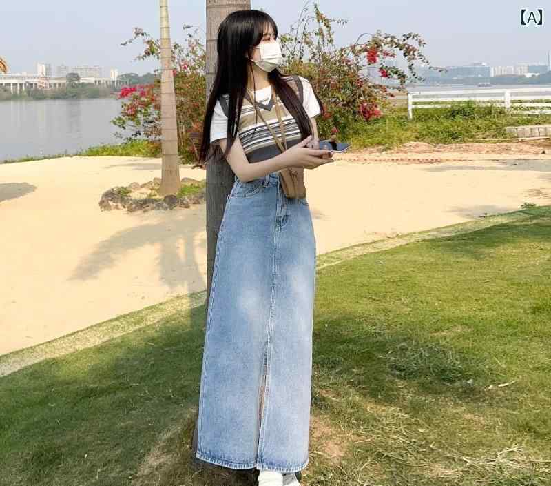 デニムスカート ロング aライン レディース かわいい おしゃれ カジュアル レジャー スリム 春夏秋 ハイウエスト 青