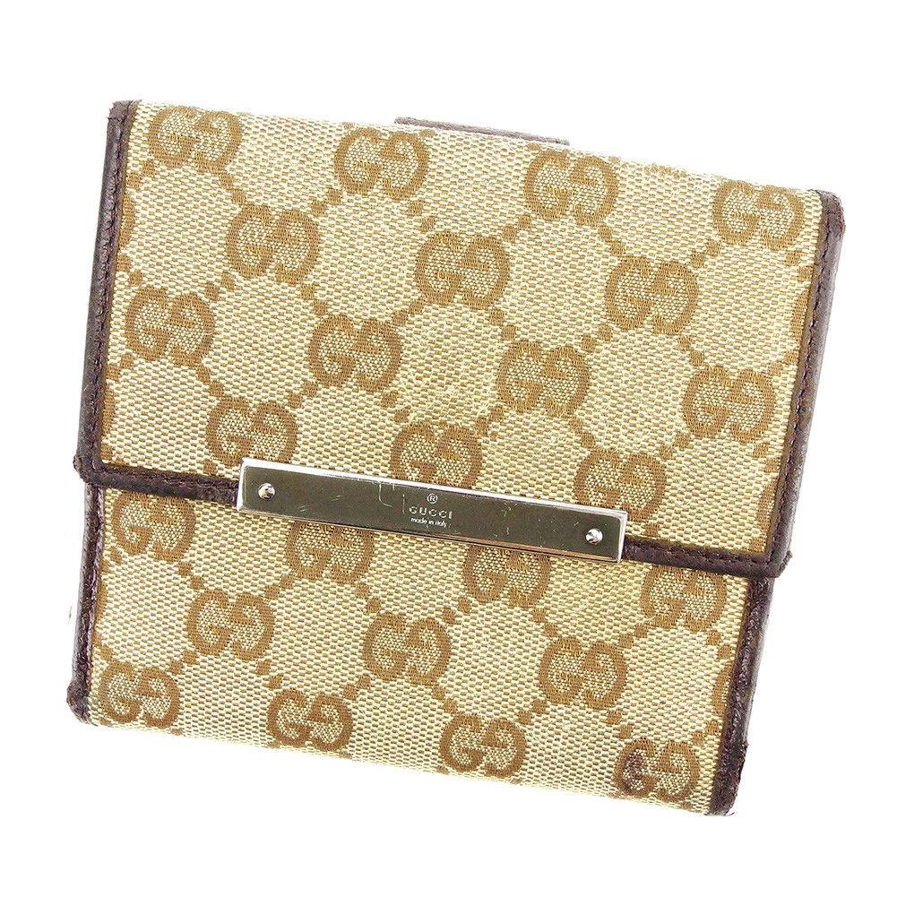 Wホック 財布 二つ折り ＧＧキャンバス ベージュ ブラウン シルバー 中古