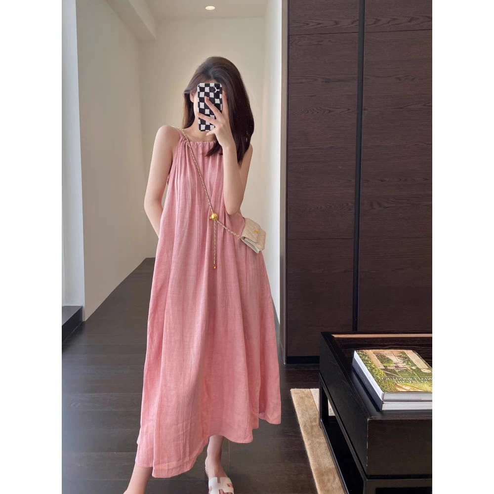 春は遅くない美しい！ガーリー ピンク ホワイト バカンス スタイル ルーズ ロング スカート 女性 夏用怠惰なドレス