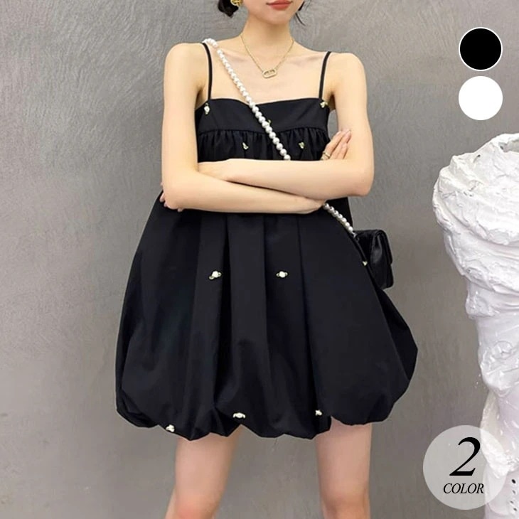 キャミワンピース レディース 夏 ワンピース ボリューム ハイウエスト ブラック 黒 ホワイト 白 薔薇 バラ ローズ 花柄 ワンピ ドールスカート ドレス 韓国ファッション