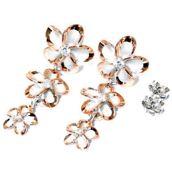 ハワイアンジュエリー スタッドピアス プルメリア 花 3連 グラデーション クリアジルコニア ピンクゴールド ペアカラー レディース シルバー925