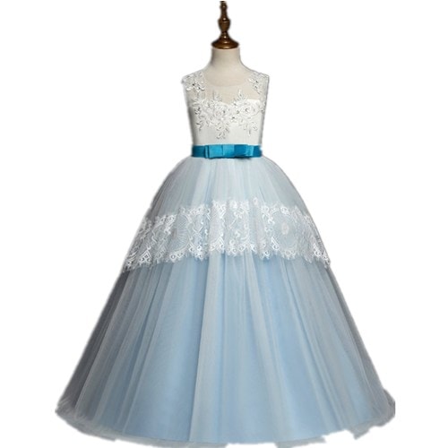 即納　160CM ブルー　ロングドレス　子供ドレス　花柄　フォーマル　ワンピース　キッズ服 子供服 女の子 ワンピース 子ども　発表会　七五三　演出舞台　結婚式　卒業園　入園式 ピアノ　120-170