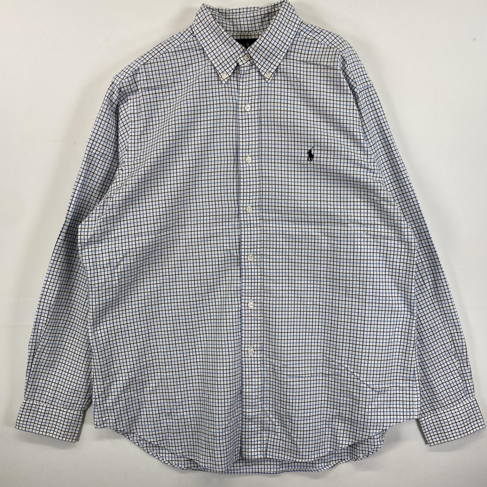 古着 90s/90年代 長袖シャツ ボタンダウン ロゴ刺繍 ワンポイントロゴ L ホワイト系 チェック メンズ
