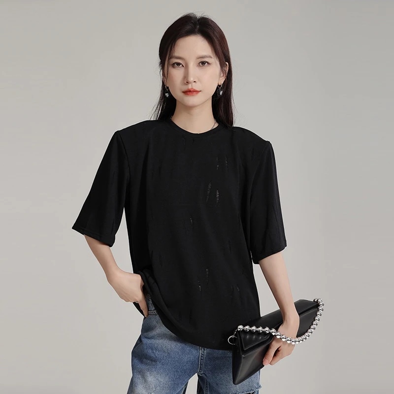 【J.Fashion】2024/夏/ホール/ブレイク/トップス/無地/ラウンドネック/半袖/Tシャツ/レディース関連商品は店で購入可能30%までに制限