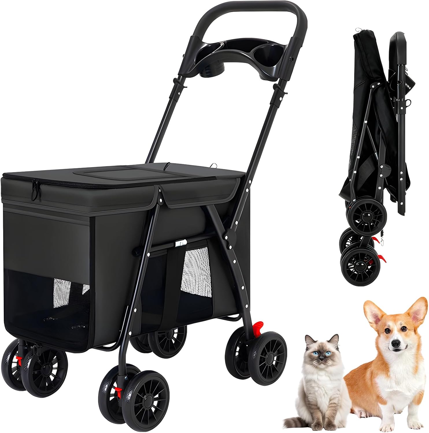 折りたたみ式ペットカート 前輪360度回転 後輪ブレーキ付き 通気性金属製 サイズ67×50×100cm 中型犬から猫まで対応 軽量コンパクトで組立簡単