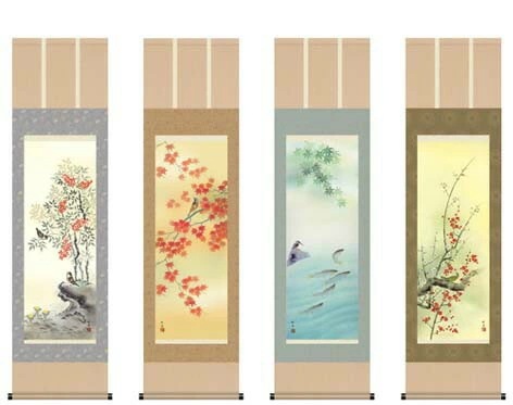 掛軸 「四季花鳥揃」 田村竹世筆 掛軸 掛け軸 尺五 画寸/42x110cm 四季花鳥揃 四季 四季揃 田村竹世 収納箱 10年保証 受注生産 和室 和 床の間 和風 新築 落成 お祝い 御祝 贈答
