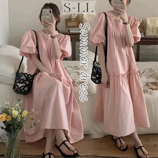 パフスリーブ ワンピース レディース 韓国 大人可愛い 夏ワンピ ピンク シンプル 半袖 おしゃれ かわいい リゾート 小柄 二次会 入学式 bi103zezet2