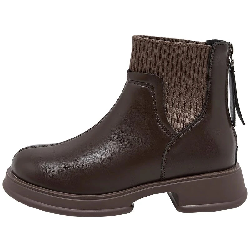 英国風厚底婦人靴ファスナーデザインマーチン靴防水真革靴面靴下履き口