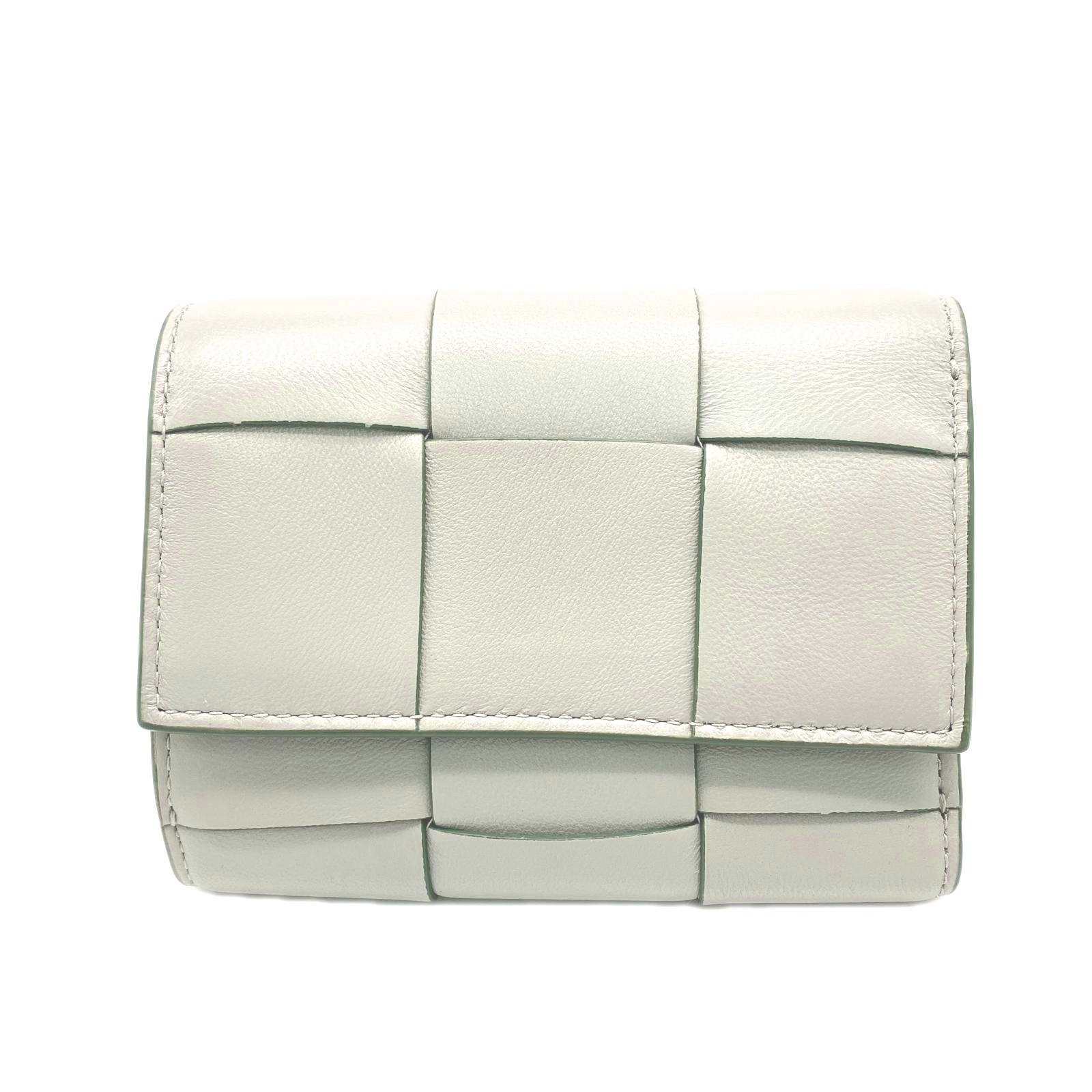 3日以内返品可 美品 三つ折り財布 カセット コンパクトウォレット 651372 グレー グリーン カーフレザー レディース