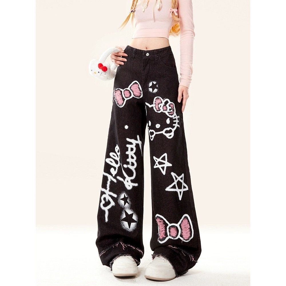 ハローキティのプリントジーンズ女性2024秋の新型ファッションアメリカのレトロなギャルのゆったりとしたズボン