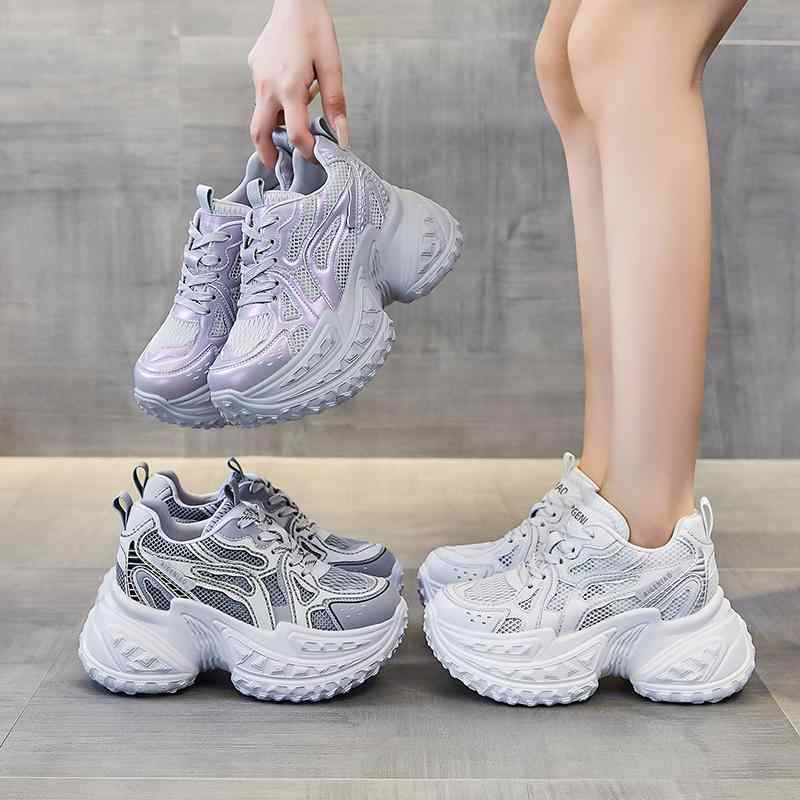 破格値10cm 超厚底 ハイテクスニーカー ゴツい 可愛い かっこいい ダッドスニーカー 韓国風 レディース メッシュ 通気性 白 スニーカー 灰色 グレー ニュアンスカラー クール 身長アップ ウェ